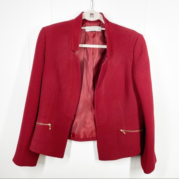 Tahari Jackets & Blazers - Tahari Deep Red Textured Mandarin Collar Blazer With Gold Accents 10 Petite
